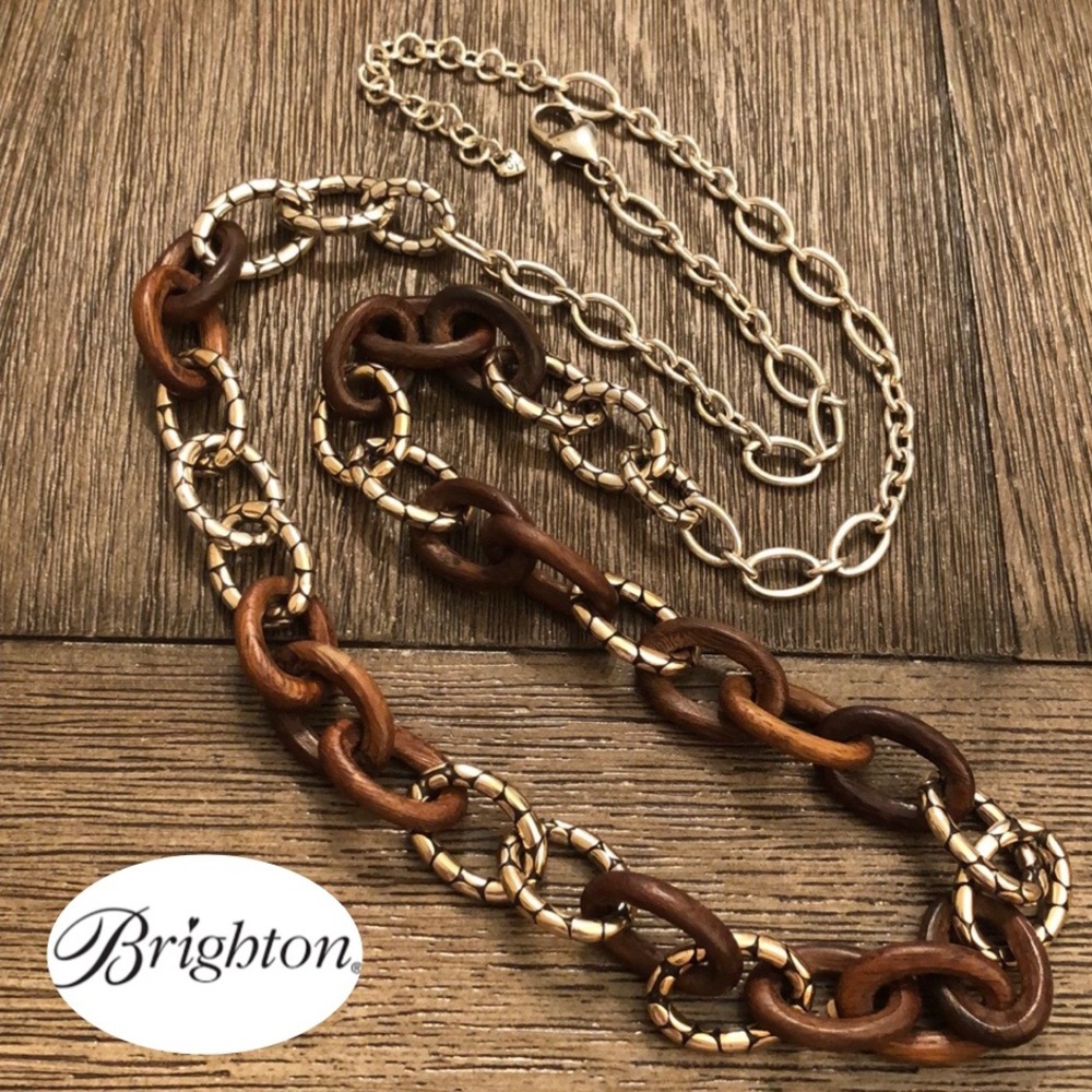 Brighton Silvertone Pebble Pave and Wooden Chain Link Necklace